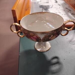 Royal Sealy Japan Lusterware Pedestal Compote Bowl Double Handled Cup Floral VTG